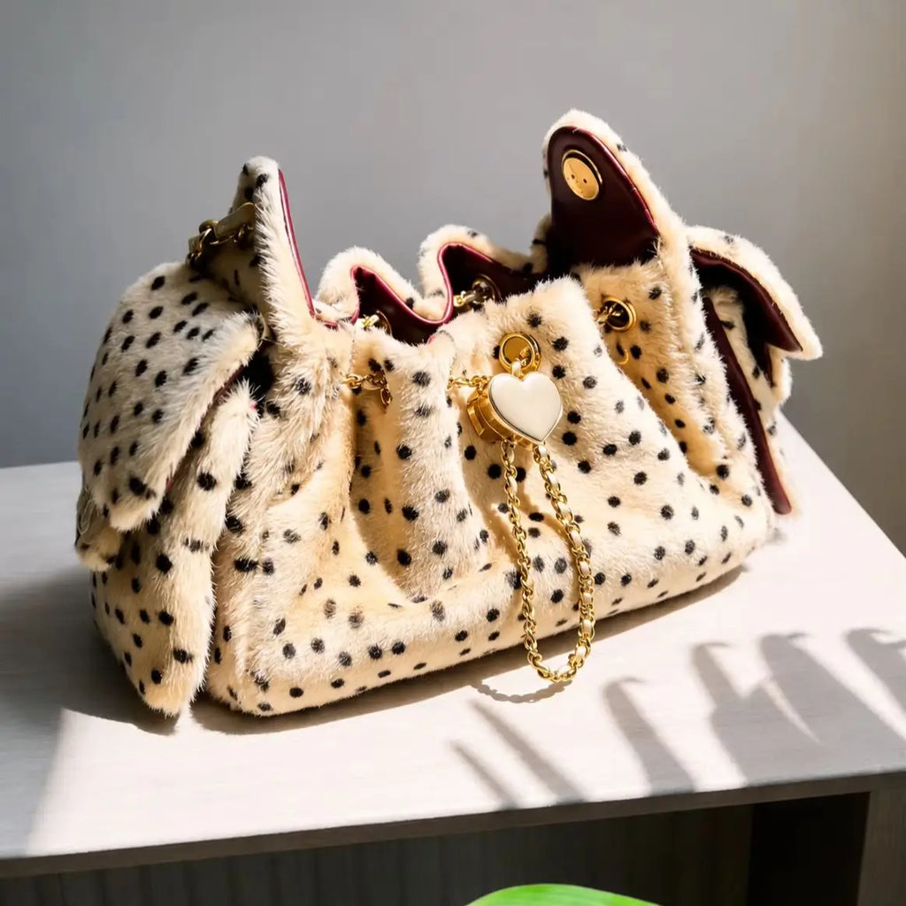 Women's Leopard Faux Fur Drawstring Chain Bucket Bag