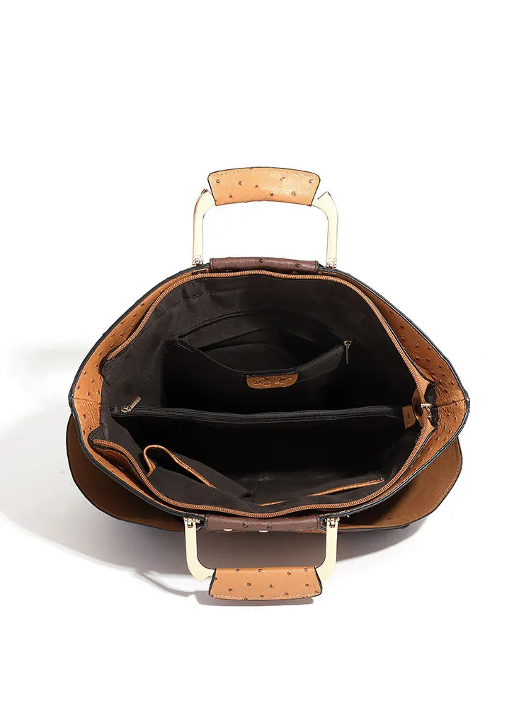 Women's Metal Top Handle PU Leather Large Capacity Shoulder Tote Bag