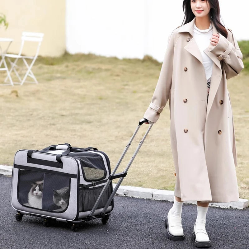 Double-layer Rolling Pet Stroller Carrier Backpack for Cats Dogs