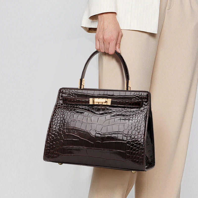 Women's Crocodile Pattern Cowhide Leather Handbag Tote Bag Q1834