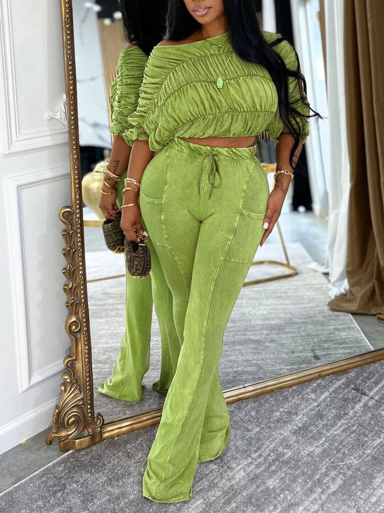 Women's Diagonal Neck Pleated Pants Two-Piece Set