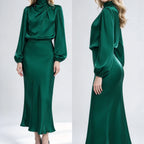 Women's Satin Turtleneck Lantern Sleeve Midi Dress