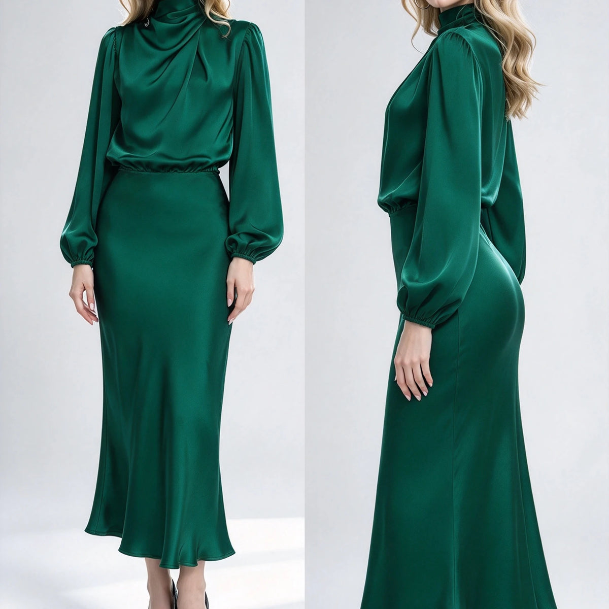 Women's Satin Turtleneck Lantern Sleeve Midi Dress