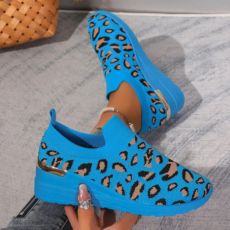 Women's Leopard Print Knitted Slip-On Wedge Sneakers