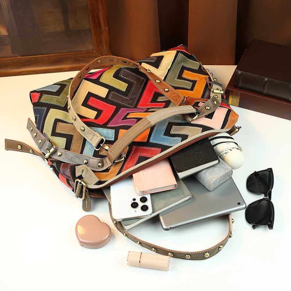Women's Retro Geometric Color Block Genuine Leather Crossbody Tote Bag