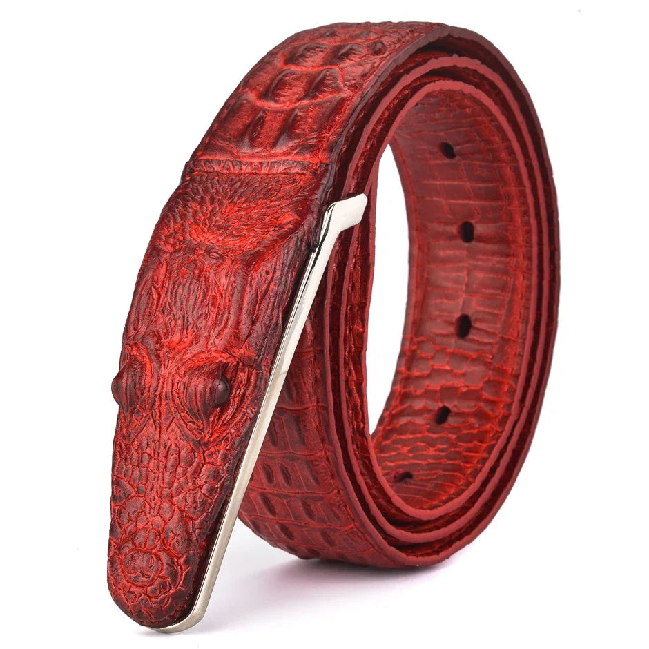 Men's Crocodile Pattern Leather Belt with Smooth Buckle