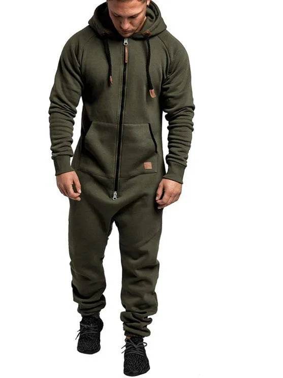 Men's Solid Hooded Fleece Jumpsuit Set