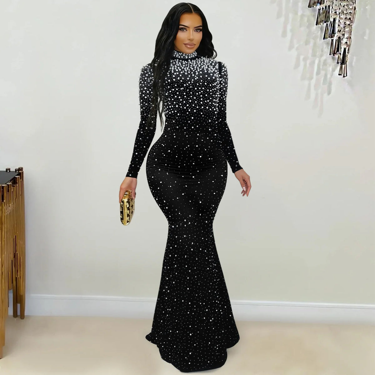 Women's Elegant Beaded Long Sleeve Mock Neck Maxi Dress