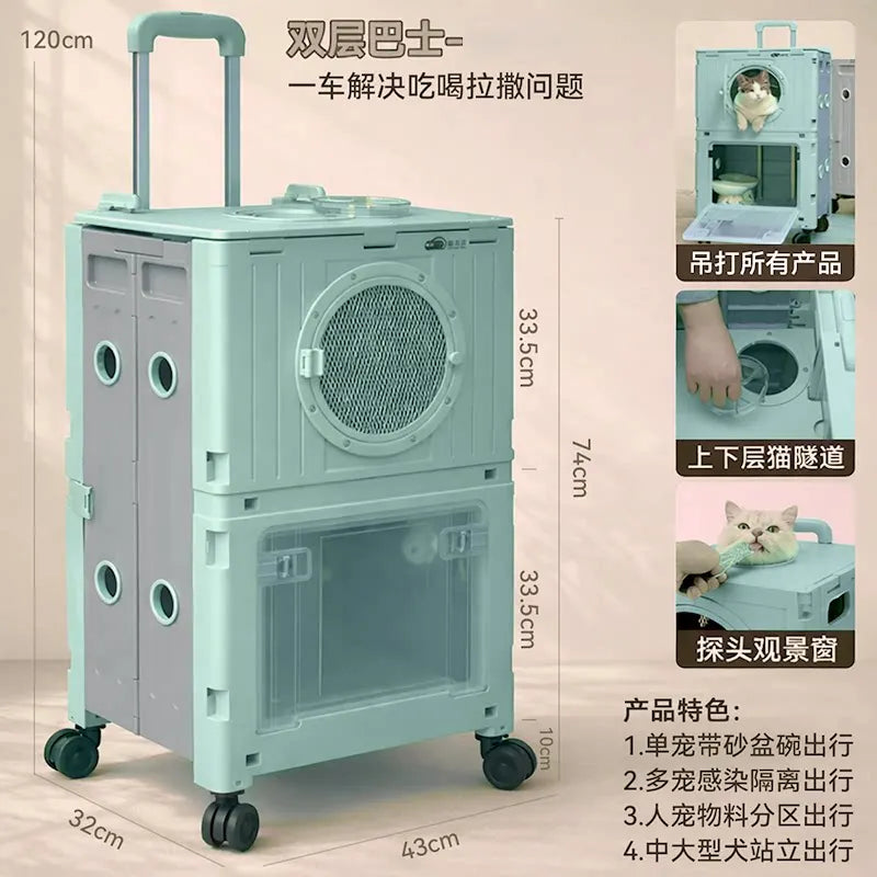 Double-layer Rolling Foldable Pet Carrier Trolley Bag for Cats Dogs