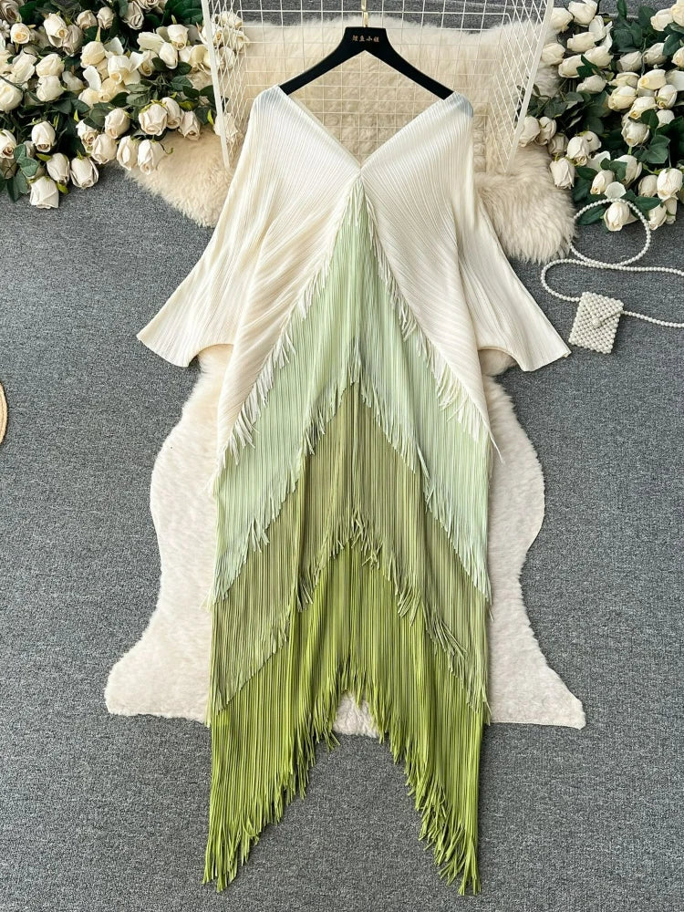 Women's Pleated Color-Block Tassel Mid-Calf Dress