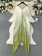 Women's Pleated Color-Block Tassel Mid-Calf Dress