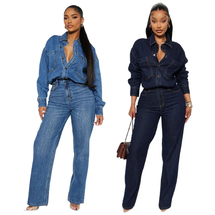 Women's Washed Denim Straight Leg Jumpsuit