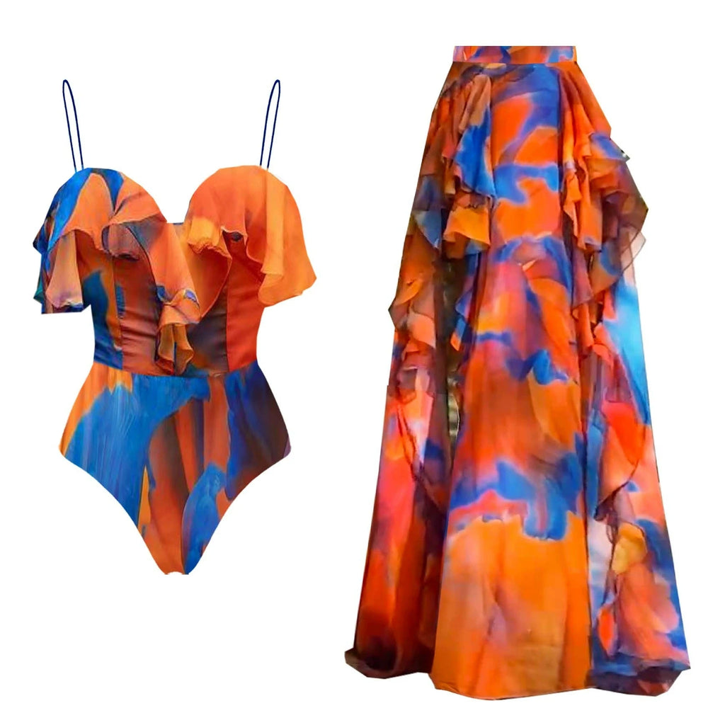 Women's Cutout One Piece Swimsuit and Skirt Set