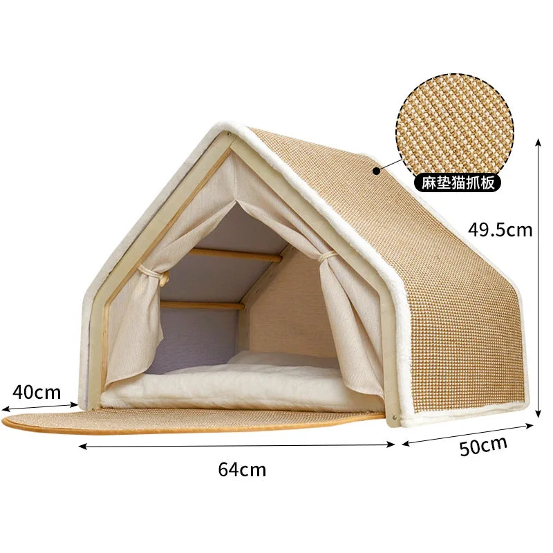 Solid Wood Enclosed Cat Villa Sisal Scratcher All Season