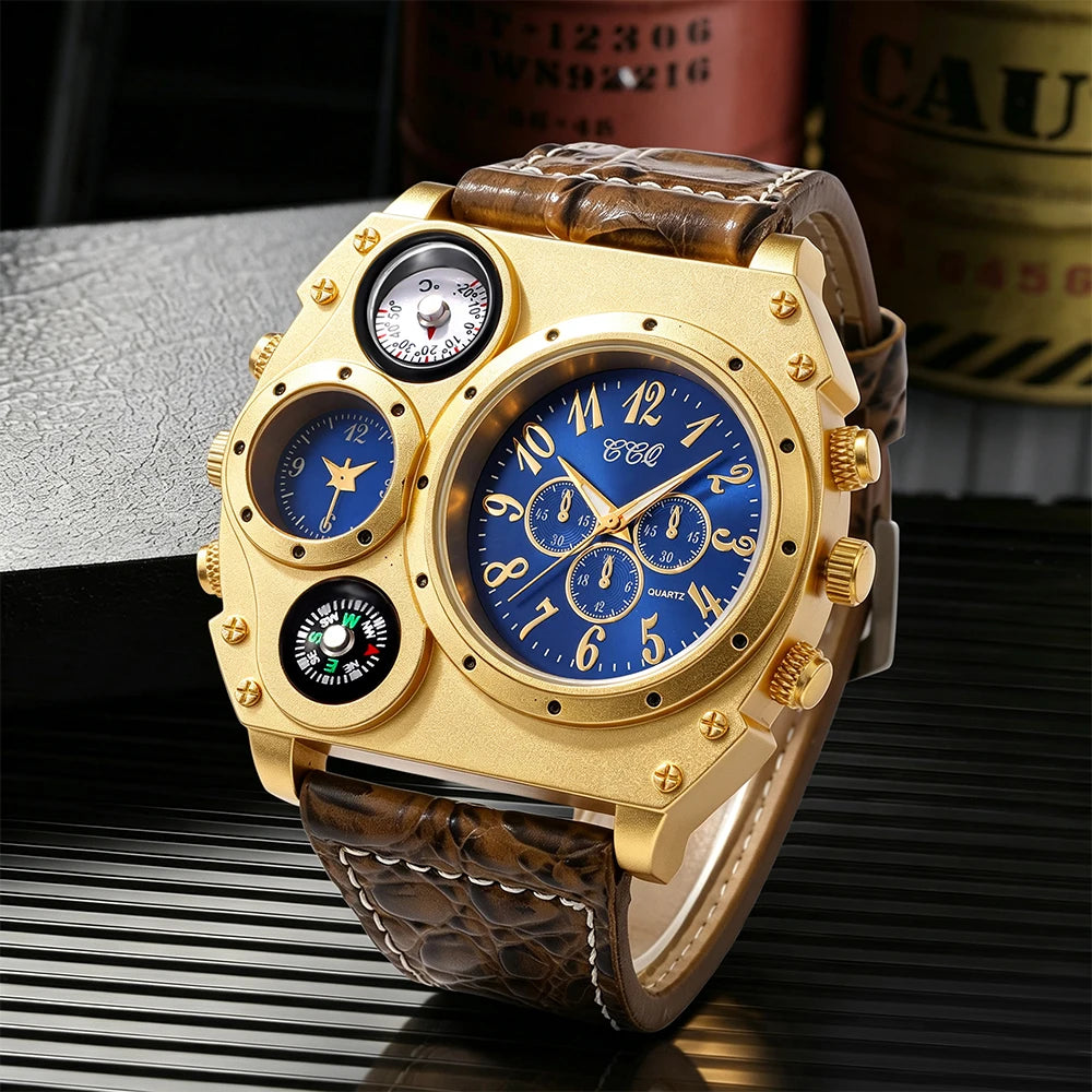 Men's Round Dial Quartz Leather Watch