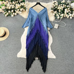 Women's Pleated Color-Block Tassel Mid-Calf Dress