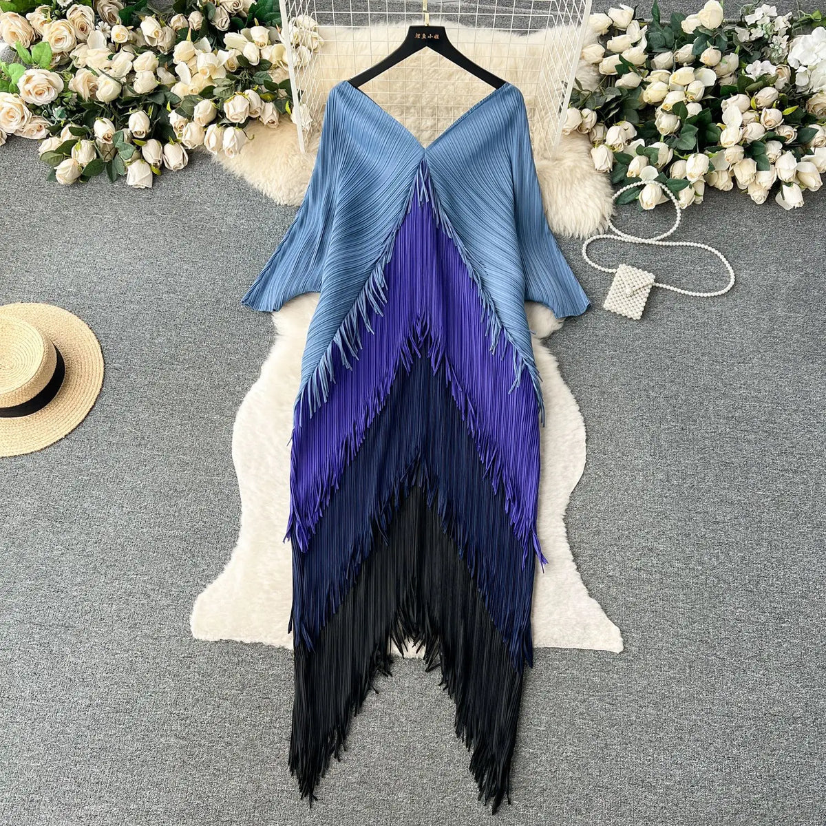 Women's Pleated Color-Block Tassel Mid-Calf Dress
