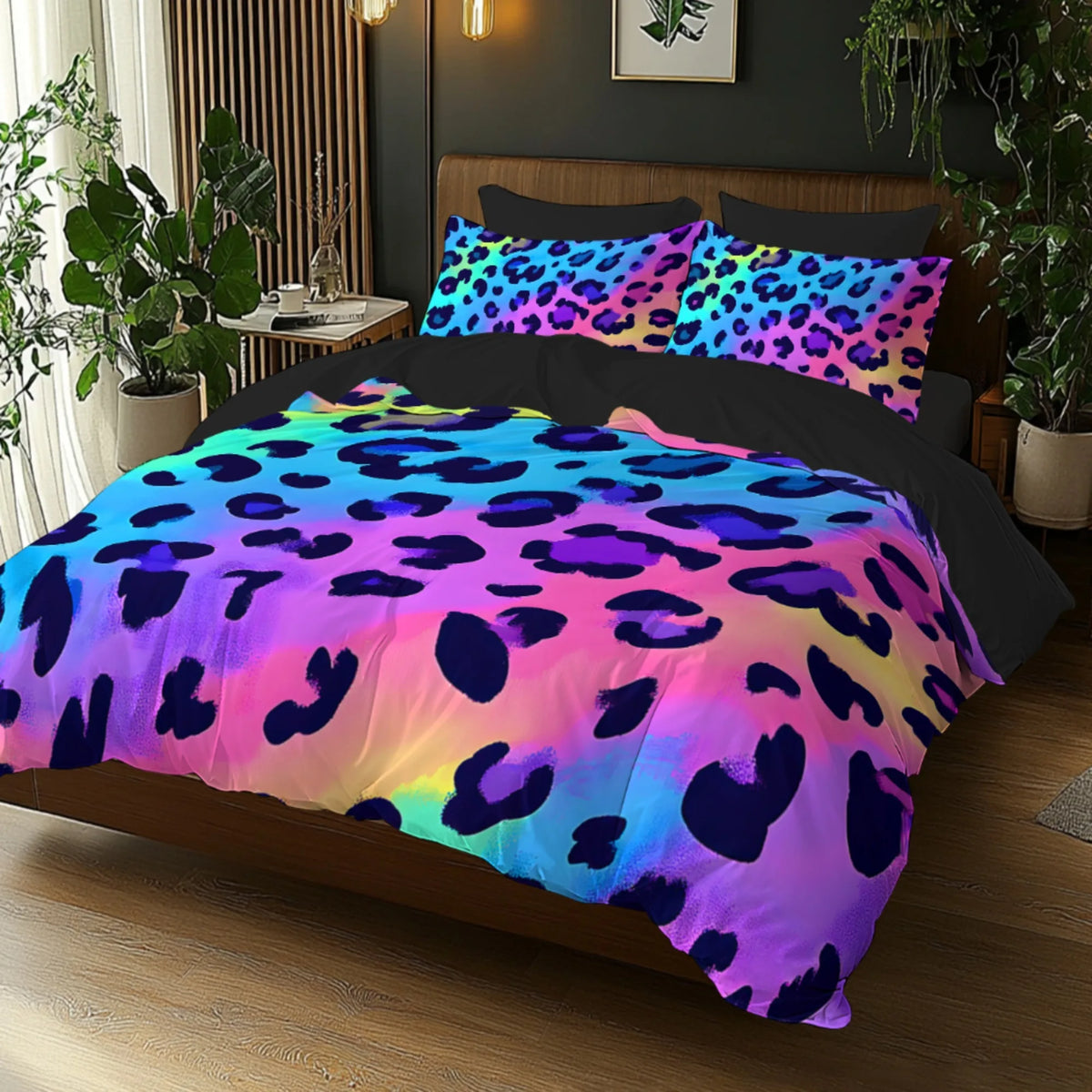 Neon Rainbow Leopard Print Duvet Cover Set with Pillowcases