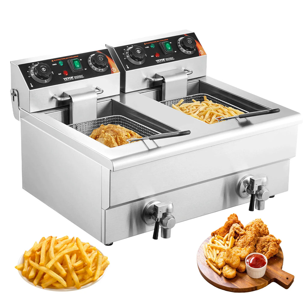 Commercial Electric Dual Tank Countertop Deep Fryer with Drain Valves
