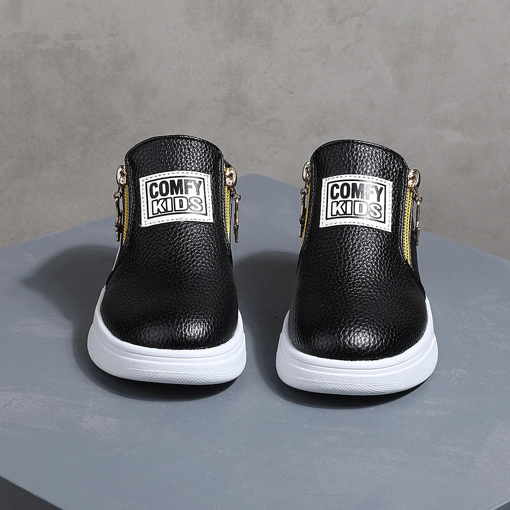 Kids' Faux Leather High-Top Sneakers with Side Zipper