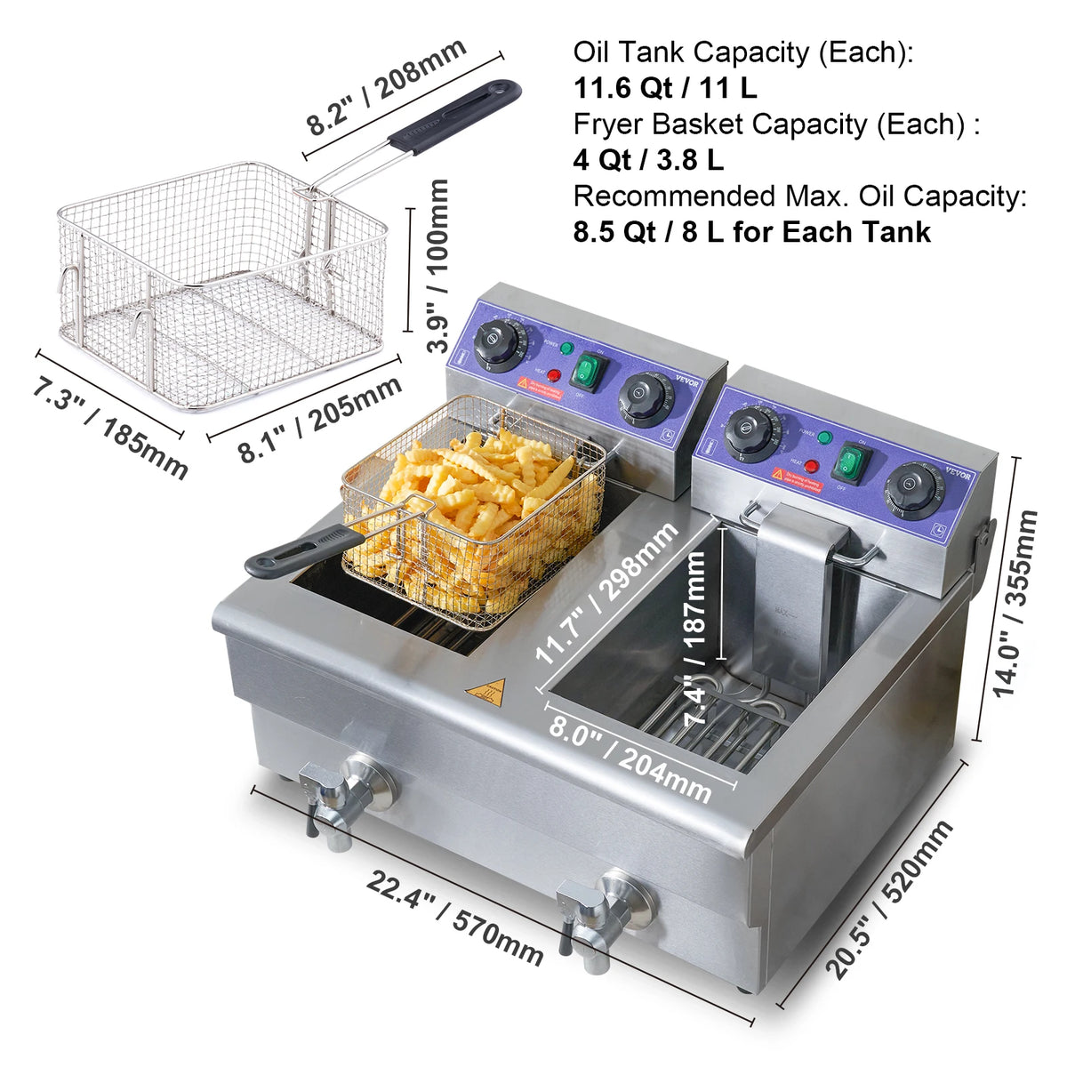 Commercial Electric Dual Tank Countertop Deep Fryer with Drain Valves
