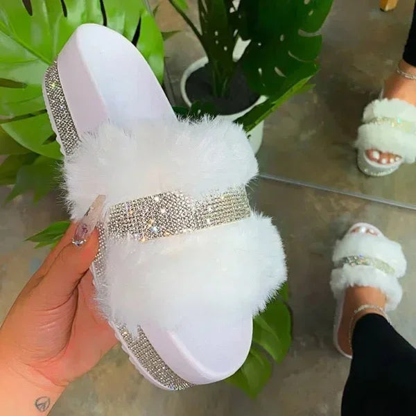 Women's Rhinestone Fur Platform Wedge Slide Sandals