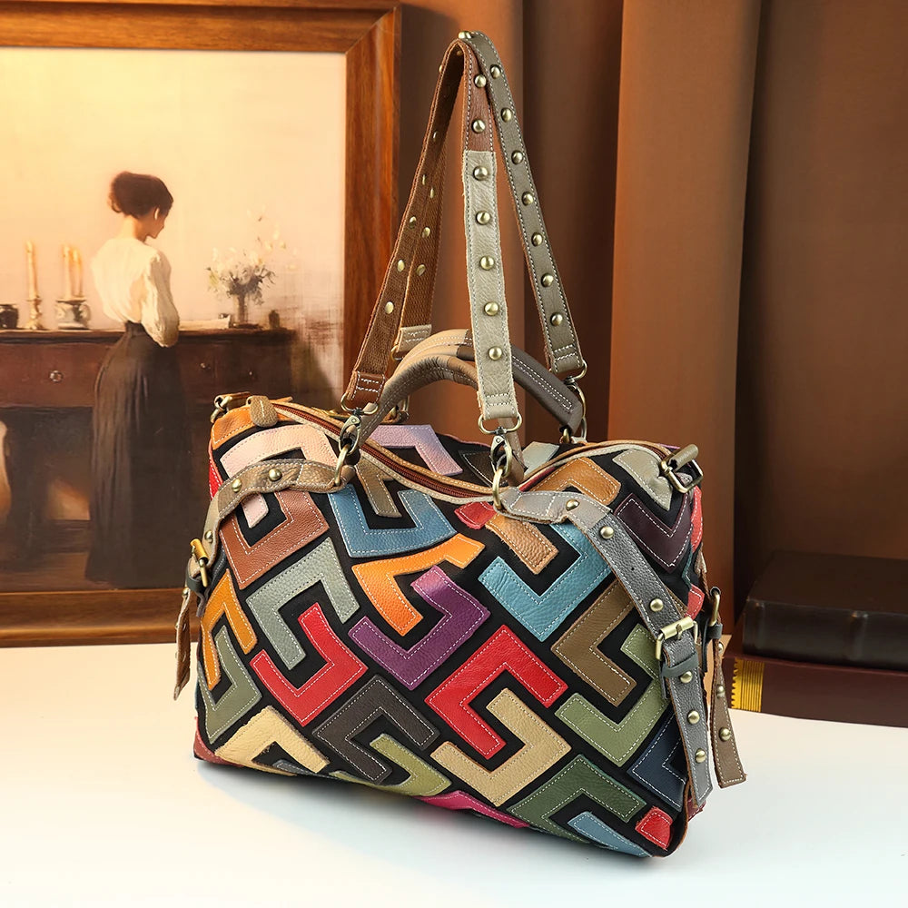 Women's Retro Geometric Color Block Genuine Leather Crossbody Tote Bag