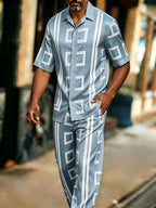 Men's Baroque Print Short Sleeve Shirt and Pants Two Piece Set