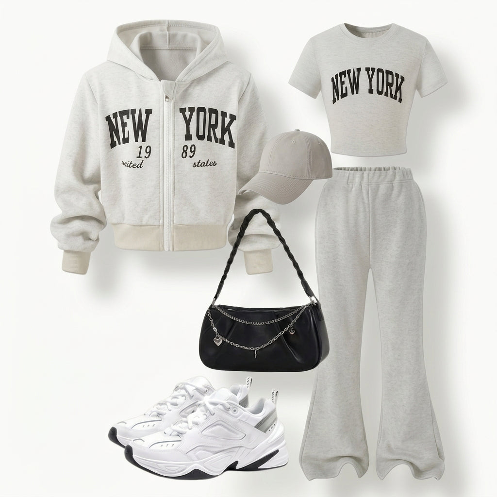 Girls' Zip-Up Jacket Graphic T-Shirt and Flare Pants 3-Piece Set