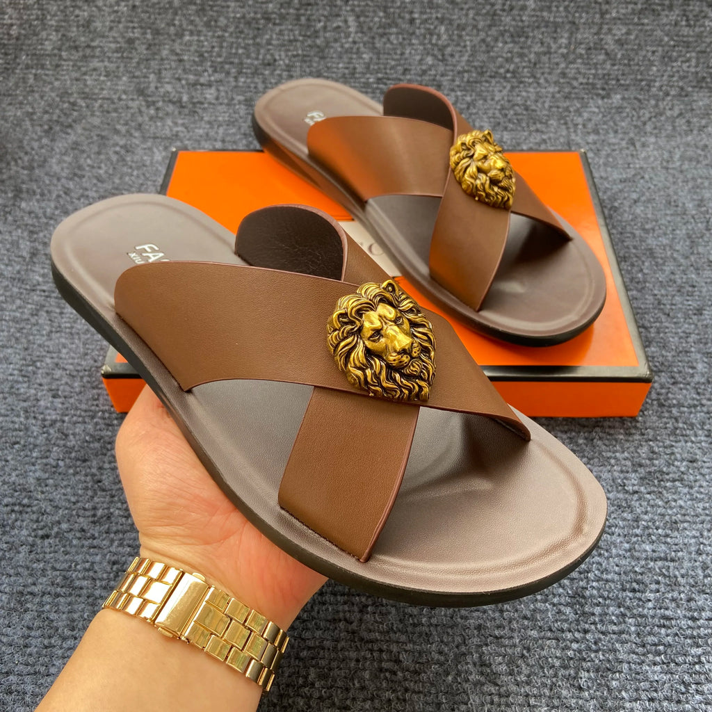 Men's PU Leather Slide Sandals with Metal Decoration