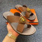 Men's PU Leather Slide Sandals with Metal Decoration