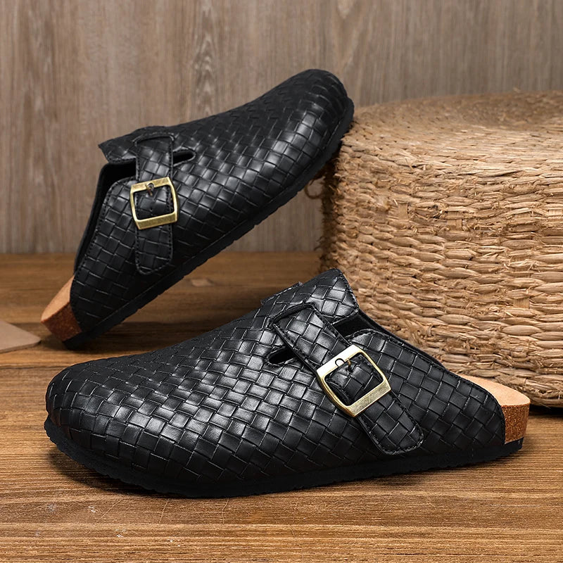 Men's Adjustable Cork Split Leather Clogs Slippers