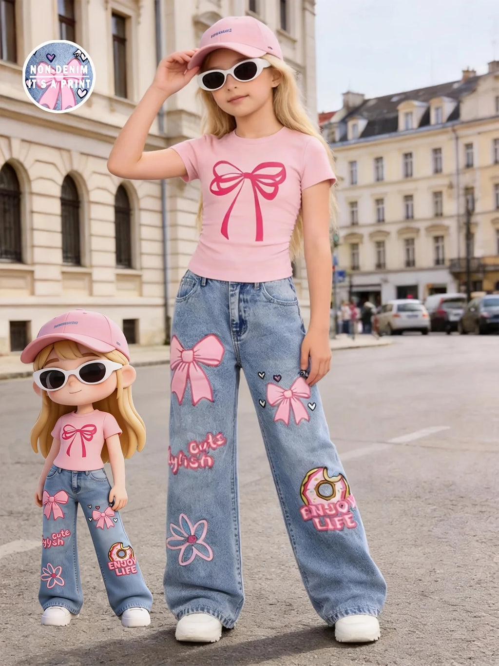 Girls' Bow-Print Cropped Tee and Wide-Leg Pants 2-Piece Set