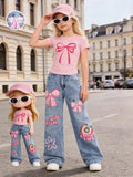 Girls' Bow-Print Cropped Tee and Wide-Leg Pants 2-Piece Set