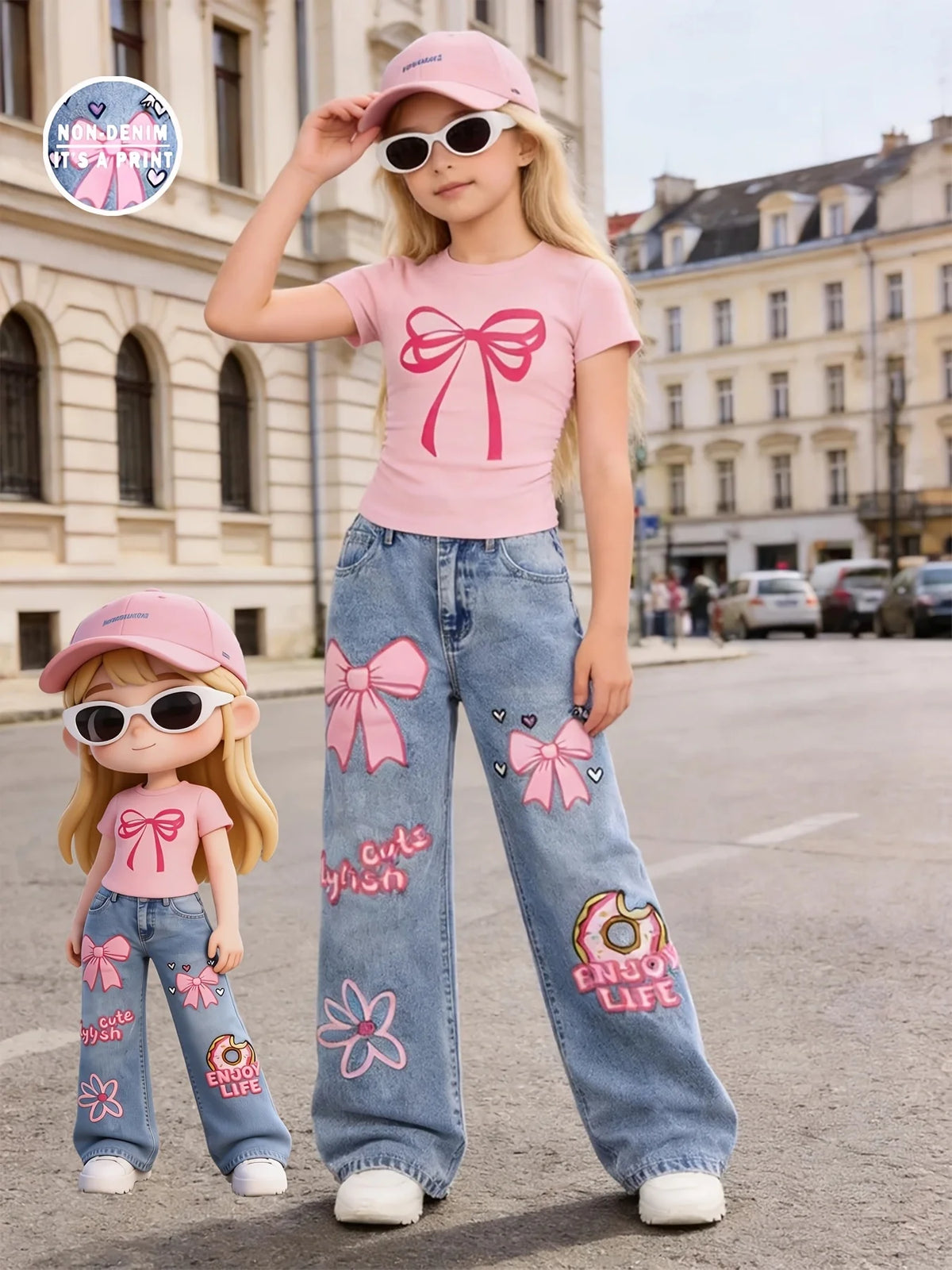 Girls' Bow-Print Cropped Tee and Wide-Leg Pants 2-Piece Set