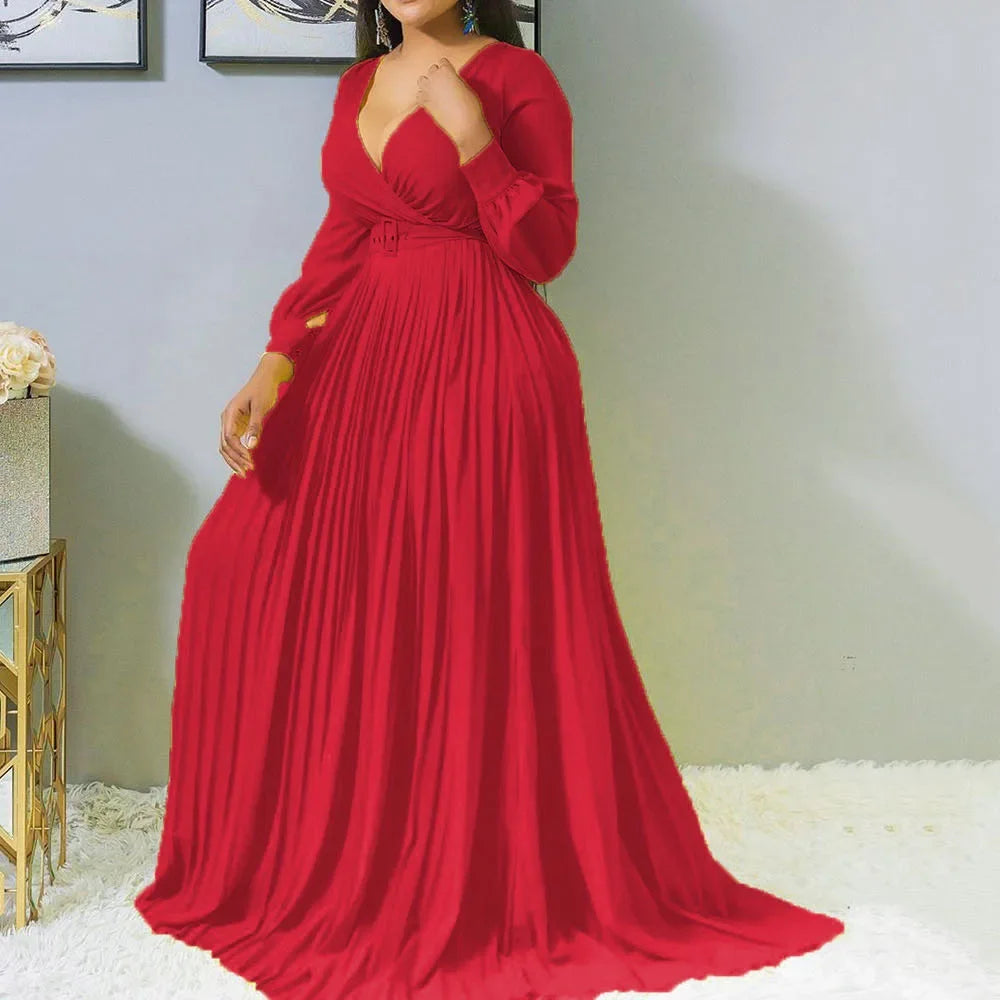 Women's Elegant V-Neck Long Sleeve Pleated Maxi Dress