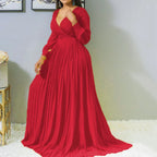 Women's Elegant V-Neck Long Sleeve Pleated Maxi Dress