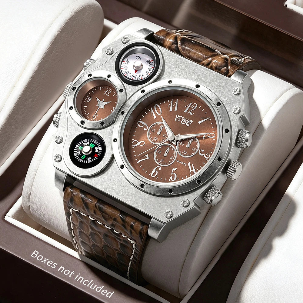 Men's Round Dial Quartz Leather Watch
