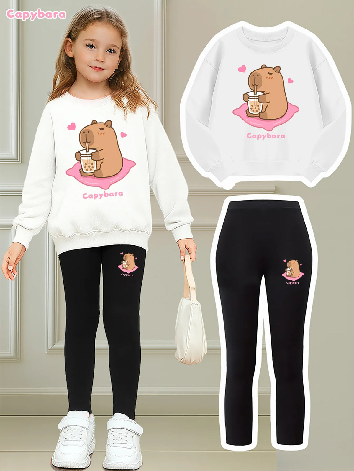Girls' Heart Capybara Print Sweatshirt and Leggings 2-Piece Set