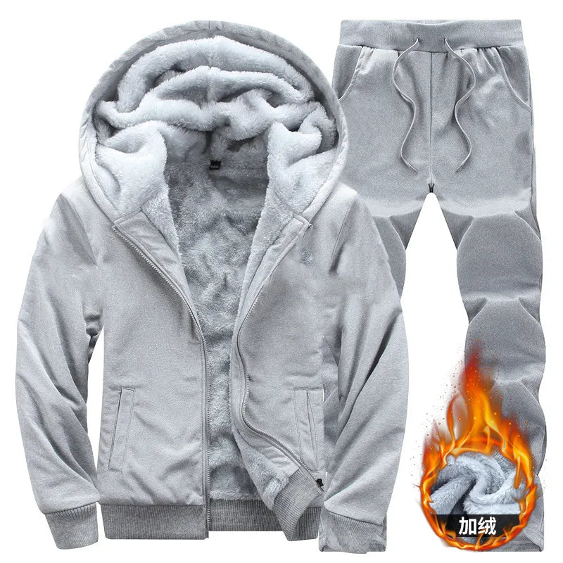 Men's Winter Hooded Plush Thickened Two Piece Set