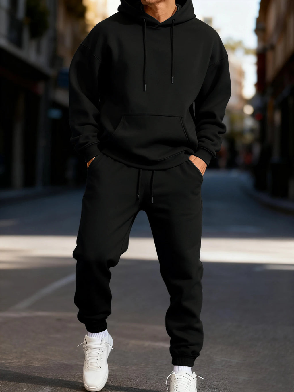 Men's Solid Color Pullover Hoodie and Sweatpants Two-Piece Set