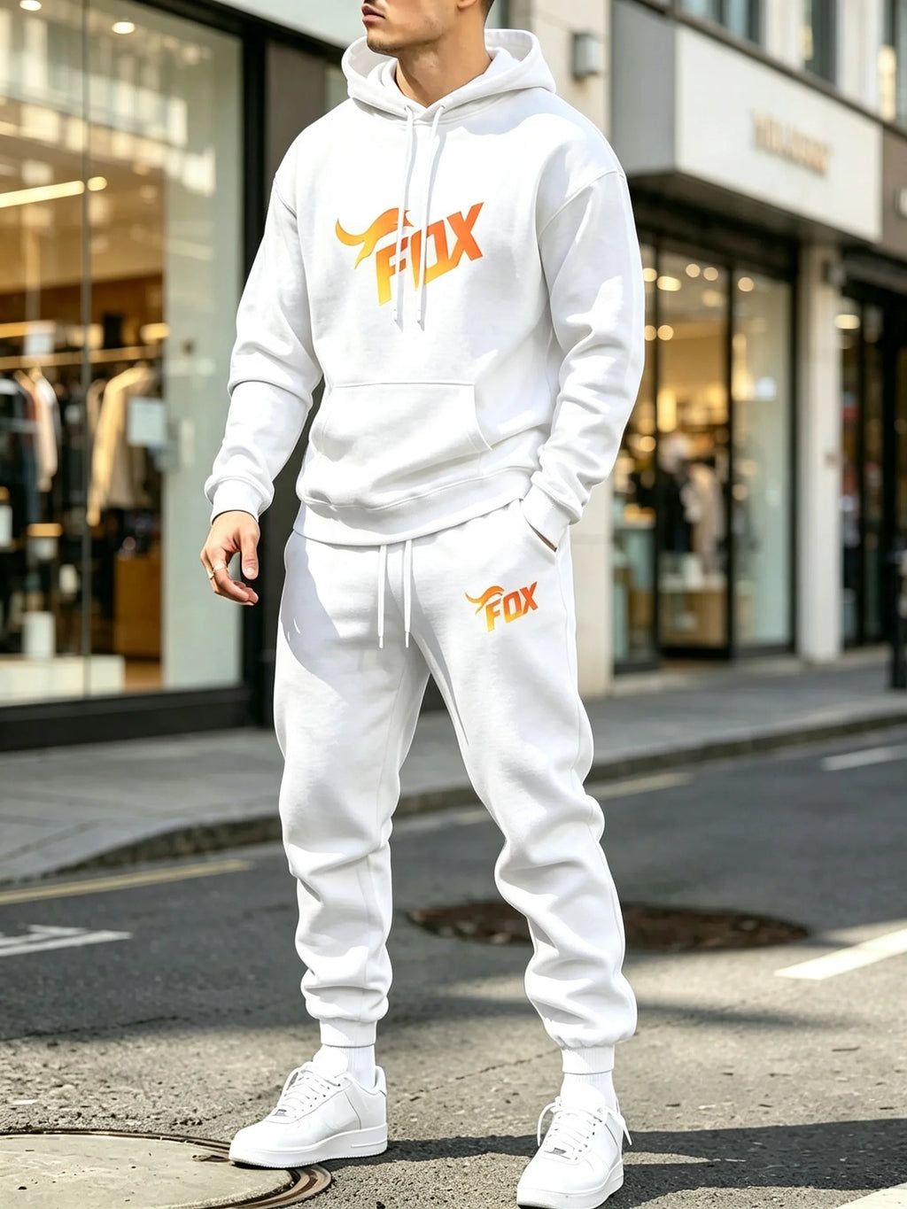 Men's Fox Print Hoodie and Sports Pants Two-Piece Set