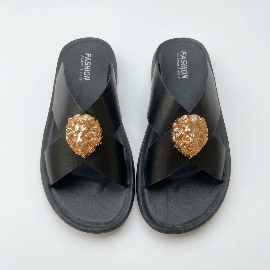 Men's PU Leather Slide Sandals with Metal Decoration