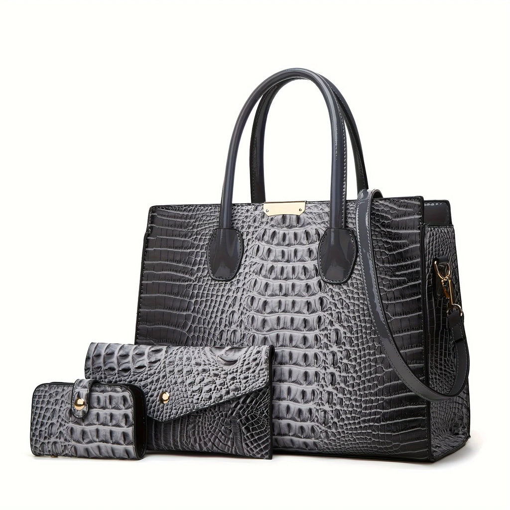 Women's Crocodile Pattern Handbag Shoulder Tote Bag Set