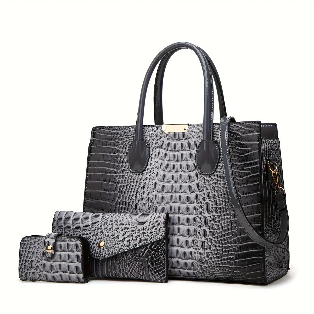 Women's Crocodile Pattern Handbag Shoulder Tote Bag Set