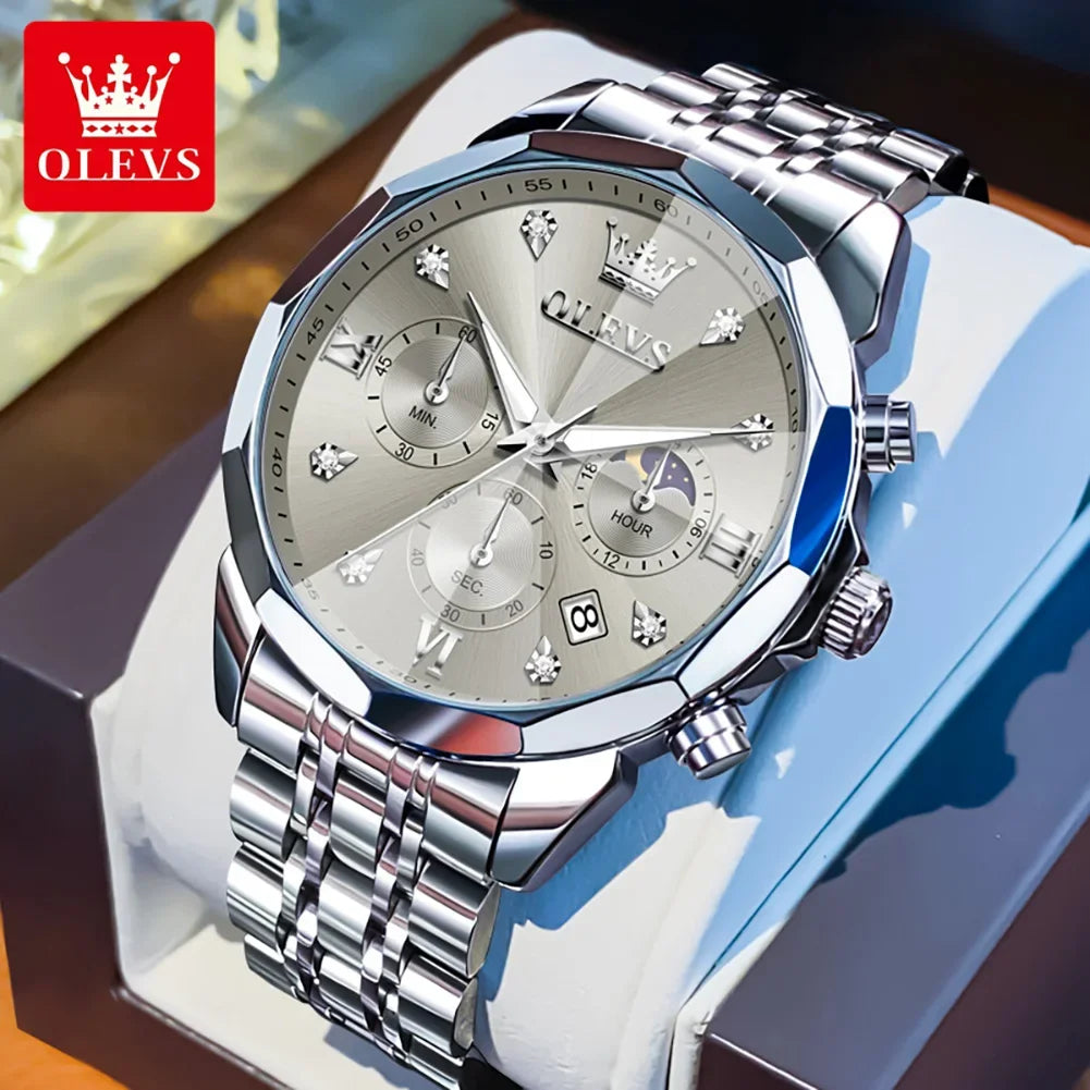 Men's Multifunctional Chronograph Quartz Watch with Moon Phase