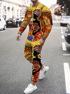 Men's Faux-Zipper Print Sweatshirt and Pants Two-Piece Set