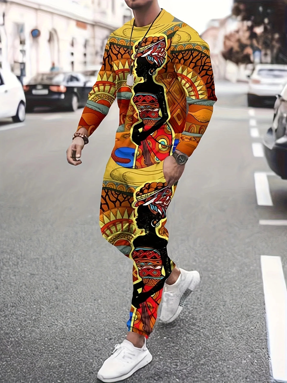 Men's Faux-Zipper Print Sweatshirt and Pants Two-Piece Set