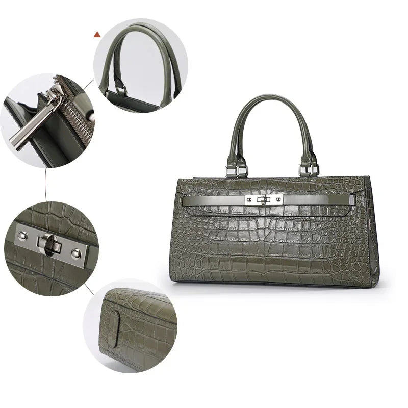 Women's Crocodile Pattern Genuine Leather Handbag Shoulder Tote Bag
