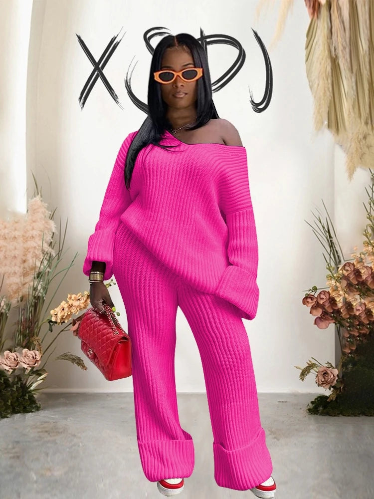 Women's Warm Knitted Sweater and Pants Two-Piece Set